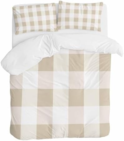 Sabolny Beige White Plaid Queen Duvet Cover Set 3 Piece