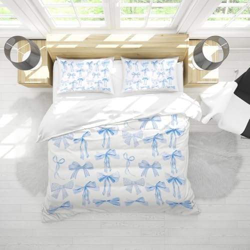 Trendy Blue Bow Duvet Cover Set Twin Size 68x88