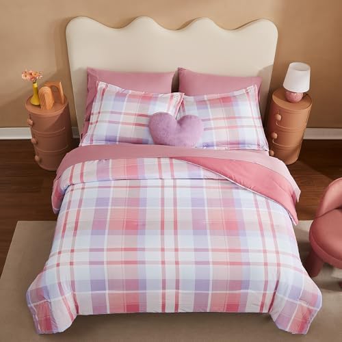 Violet Pink Plaid Comforter Set for Girls 7 Piece