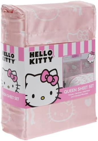 Hello Kitty Queen Sheet Set - Pink White with Bows and Hearts