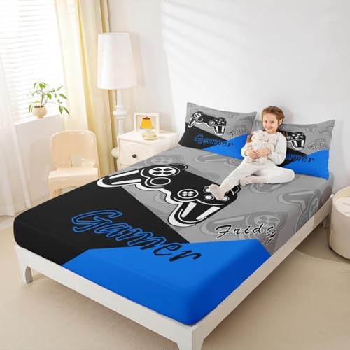 Feelyou Kids Gamer Bed Sheet Set Blue Black Queen