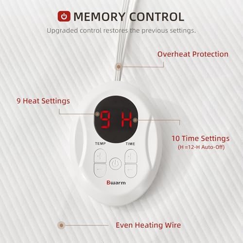 Bwarm Waterproof Heated Mattress Pad with 9 Heat Settings and Memory Function