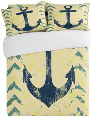 3 Piece Bedding Set Retro Nautical Anchor Yellow Duvet Cover Pillow Shams