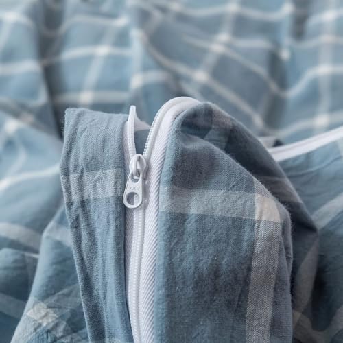 BuLuTu Blue White Plaid Duvet Cover Twin Set