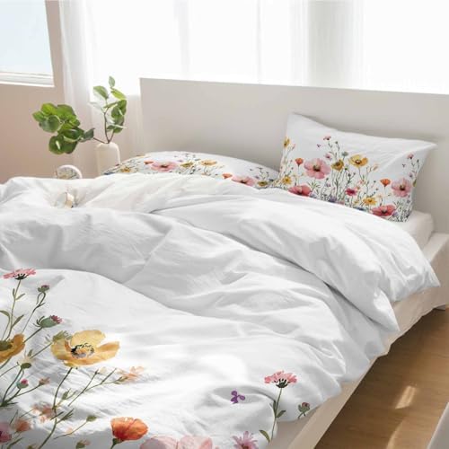 3 Piece Farm Floral Bedding Set - Pink Yellow Duvet Cover Pillow Shams