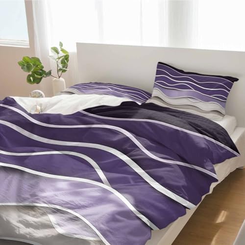 3 Piece Bedding Set Abstract Purple Grey Geometric Duvet Cover with Pillow Shams