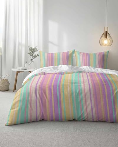 ZOE GARDEN Pink Aqua Stripe Duvet Cover Set Queen Size