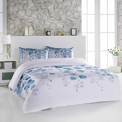3 Piece Bedding Set - Gradient Blue Eucalyptus Leaf Duvet Cover with Pillow Shams