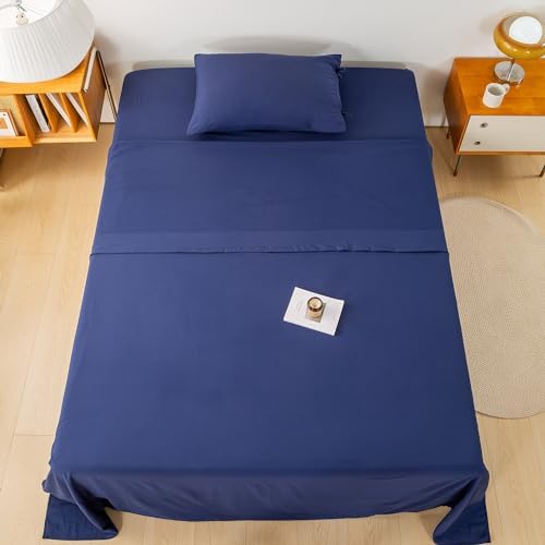 COTTEBED Washed Polycotton Twin Sheet Set - Navy Blue 3 Piece