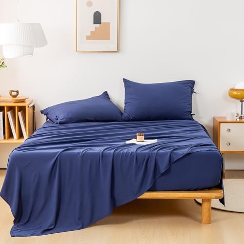 COTTEBED Washed Polycotton Twin Sheet Set - Navy Blue 3 Piece