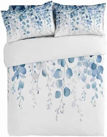 3 Piece Bedding Set - Gradient Blue Eucalyptus Leaf Duvet Cover with Pillow Shams