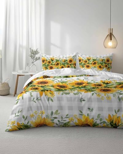 ZOE GARDEN Sunflower Plaid Queen Duvet Cover Set 3 Piece 1