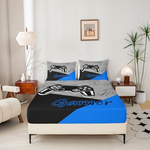 Feelyou Kids Gamer Bed Sheet Set Blue Black Queen