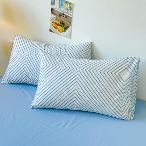 LIWHENHAO Cotton Duvet Cover Set Queen Blue Chain Striped Checked