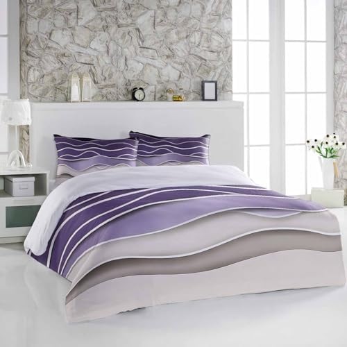3 Piece Bedding Set Abstract Purple Grey Geometric Duvet Cover with Pillow Shams