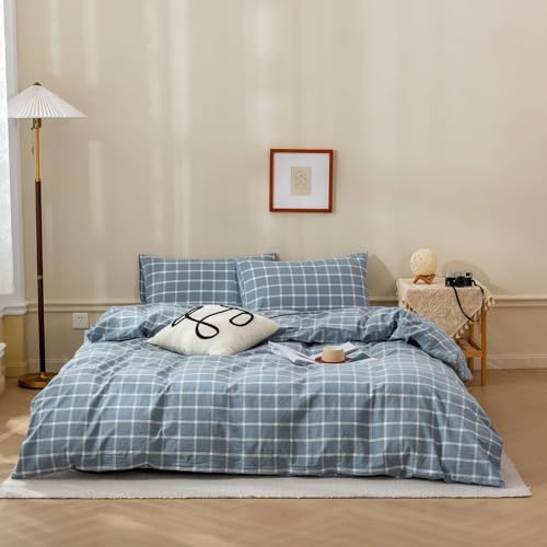 BuLuTu Blue White Plaid Duvet Cover Twin Set