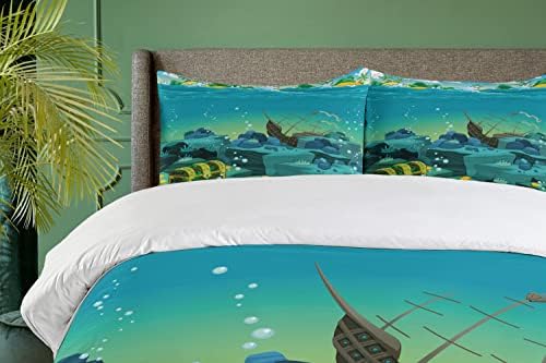 Ambesonne Cartoon Duvet Cover Set - Seascape Pirate Ship California King Yellow Teal
