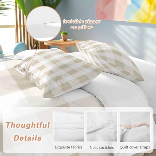 Sabolny Beige White Plaid Queen Duvet Cover Set 3 Piece