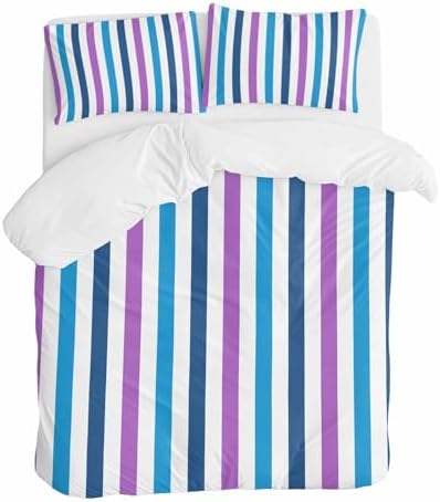 Sabolny Blue Purple Stripe Queen Duvet Cover Set 3 Piece