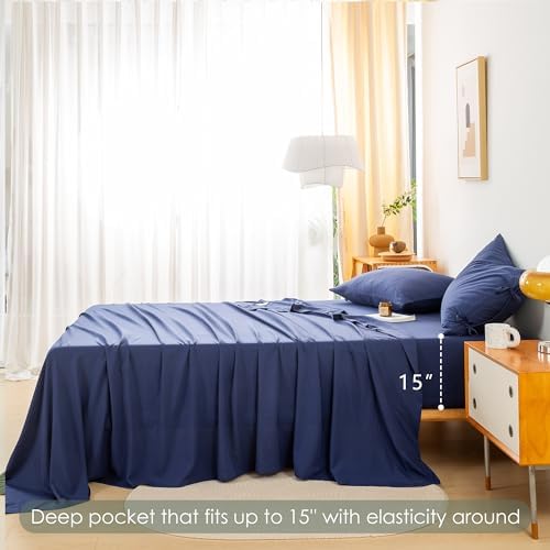 COTTEBED Washed Polycotton Twin Sheet Set - Navy Blue 3 Piece