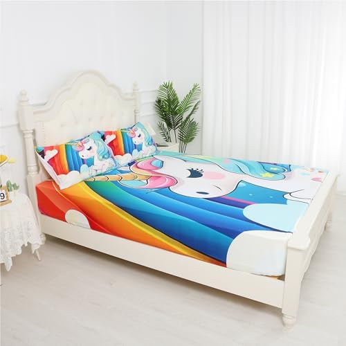 FUYEUN Unicorn Bedding Set 4Pcs Rainbow Sheets for Kids