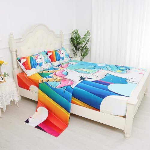 FUYEUN Unicorn Bedding Set 4Pcs Rainbow Sheets for Kids