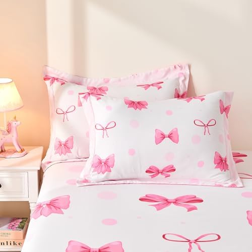 Wajade 7-Piece Pink Bow Twin Bedding Set for Girls