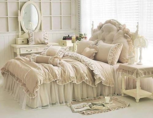 LELVA Shabby Ruffle Duvet Cover Set California King Khaki 4 Piece