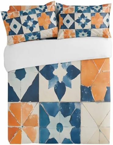 Alandar Home 3 Piece Bedding Set with Abstract Orange Blue Geometric Pattern