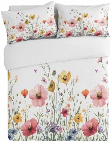 3 Piece Farm Floral Bedding Set - Pink Yellow Duvet Cover Pillow Shams