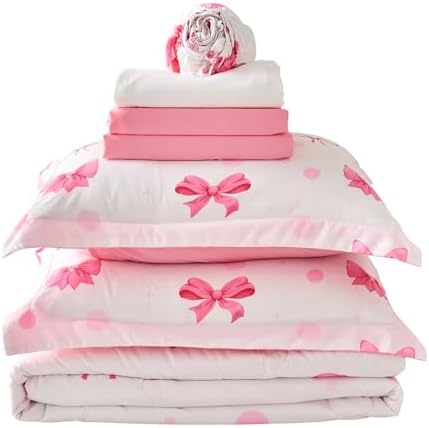 Wajade 7-Piece Pink Bow Twin Bedding Set for Girls