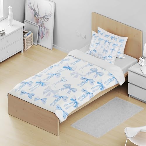 Trendy Blue Bow Duvet Cover Set Twin Size 68x88