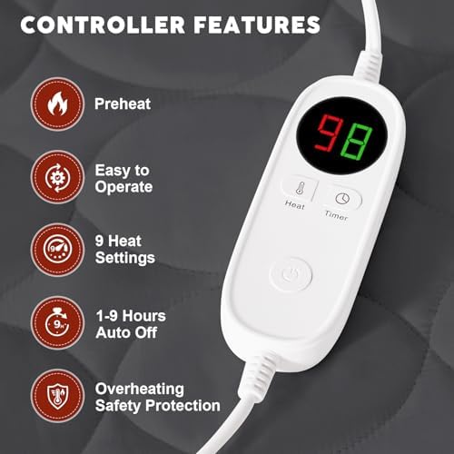 MASVIS Heated Mattress Pad - Quilted Electric Bed Cover - Auto Shut Off Gray