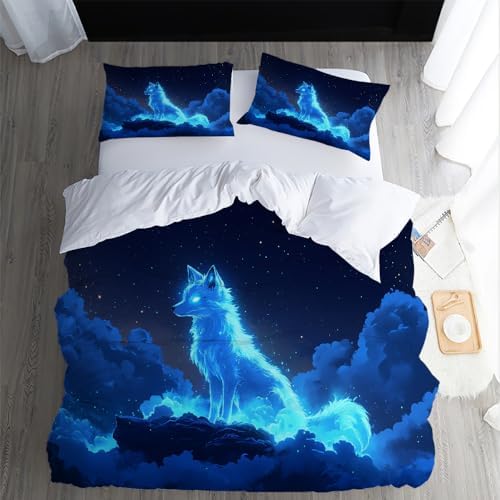 GIPNIAU 3D Print Duvet Cover Set Wolf Blue California King