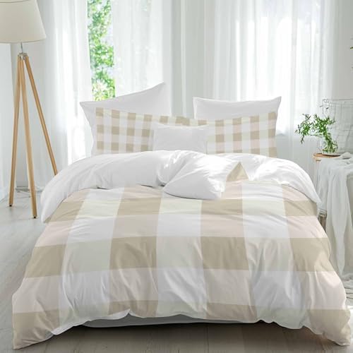 Sabolny Beige White Plaid Queen Duvet Cover Set 3 Piece