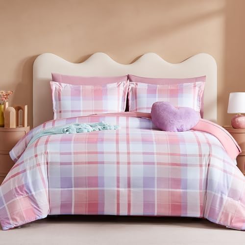 Violet Pink Plaid Comforter Set for Girls 7 Piece