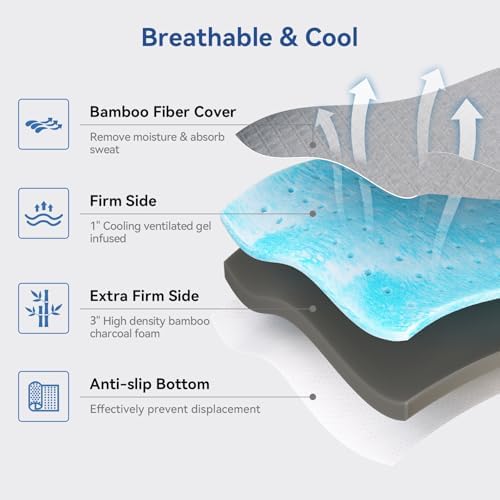 Vipbear 4 Inch Extra Firm Mattress Topper with Cooling Gel and Bamboo Charcoal