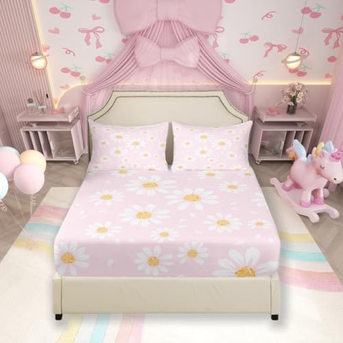 Manfei White Daisy Kids Fitted Sheet Set