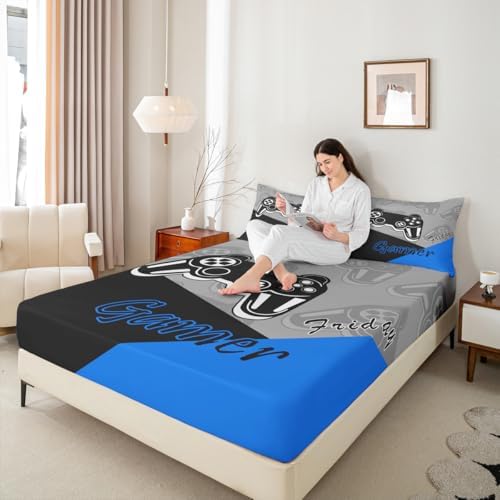 Feelyou Kids Gamer Bed Sheet Set Blue Black Queen
