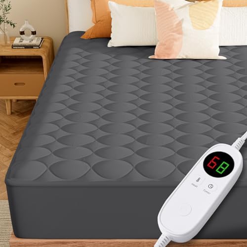 MASVIS Heated Mattress Pad - Quilted Electric Bed Cover - Auto Shut Off Gray