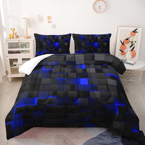 Geometric Blue Black Comforter Set 3 Piece Full Size 1
