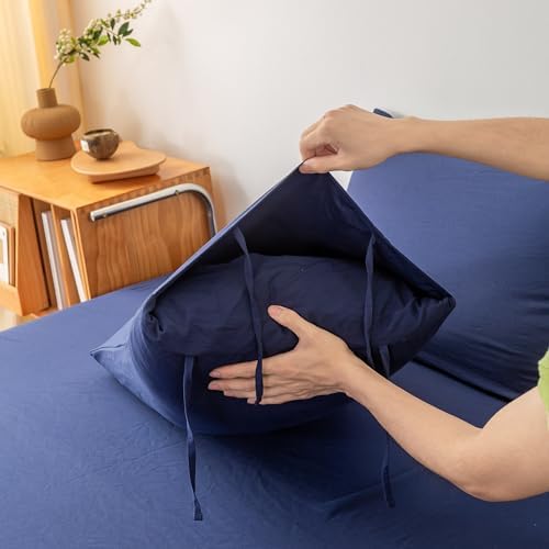 COTTEBED Washed Polycotton Twin Sheet Set - Navy Blue 3 Piece