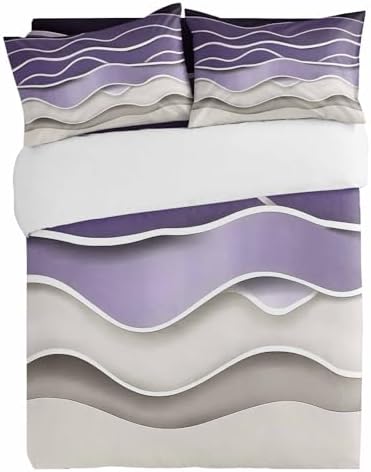 3 Piece Bedding Set Abstract Purple Grey Geometric Duvet Cover with Pillow Shams