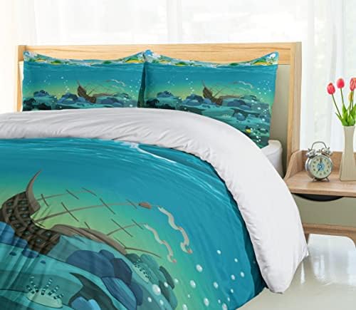 Ambesonne Cartoon Duvet Cover Set - Seascape Pirate Ship California King Yellow Teal