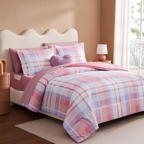 Violet Pink Plaid Comforter Set for Girls 7 Piece