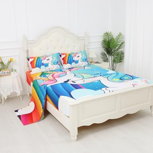 FUYEUN Unicorn Bedding Set 4Pcs Rainbow Sheets for Kids