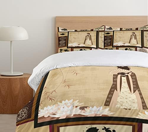 Ambesonne Japanese Duvet Cover Set - California King Brown Cream