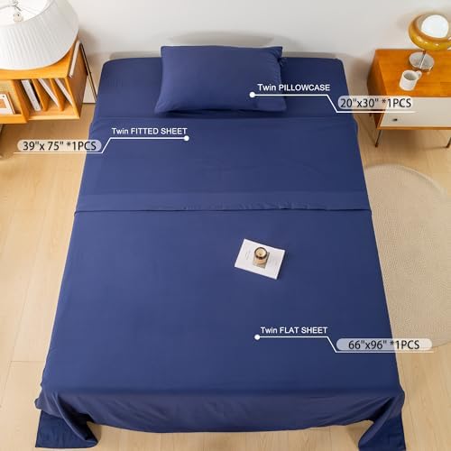 COTTEBED Washed Polycotton Twin Sheet Set - Navy Blue 3 Piece