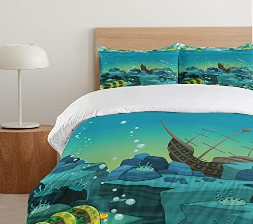 Ambesonne Cartoon Duvet Cover Set - Seascape Pirate Ship California King Yellow Teal
