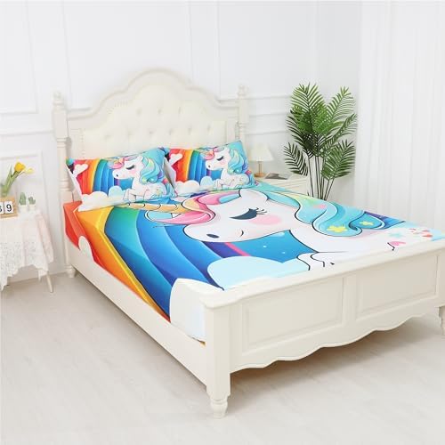 FUYEUN Unicorn Bedding Set 4Pcs Rainbow Sheets for Kids